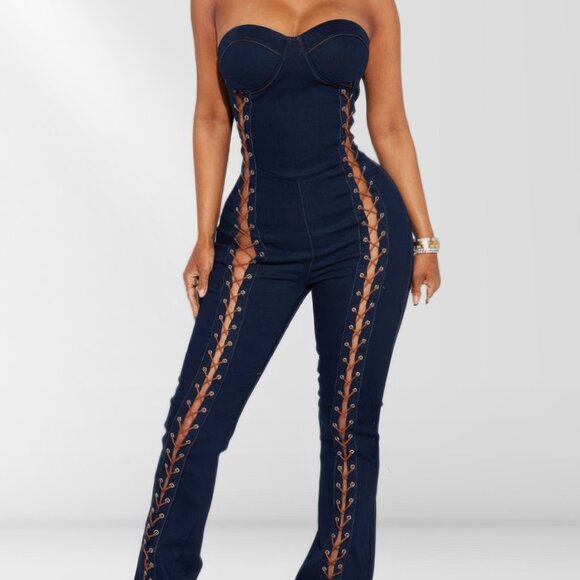 Pants - Ladies Sexy Lace Up Denim Jumpsuit Size Medium